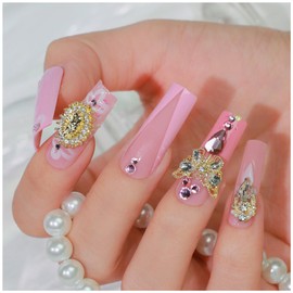 GALSPRO Long Press on Nails - Set of 24 Fake Nails with Designs in 12 Different Sizes for Perfect Fit, Cute False Nails Kit for Women with 0.07oz Nail Glue, A Double Sided Nail File & Cuticle Stick