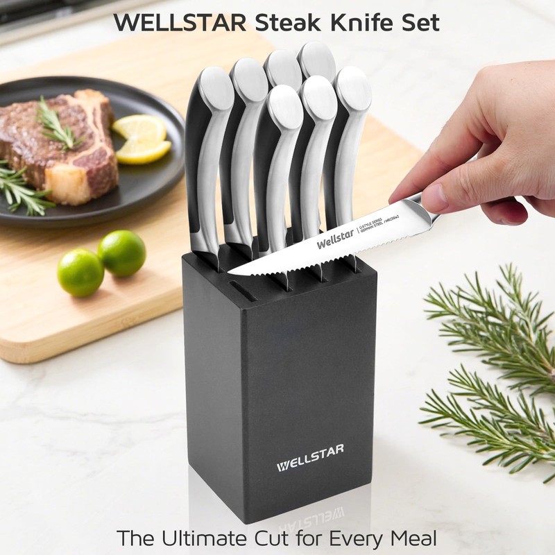 WELLSTAR Steak Knives Set of 8 with Wood Block, 4.75