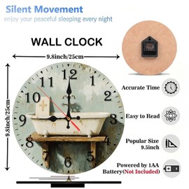 10-Inch Silent Wooden Wall Clock, Vintage Tub Clock Antique Bathroom Setting ” Silent Non-Ticking Clock, Battery Operated (AA Batteries Not Included), Artistic Home Decor