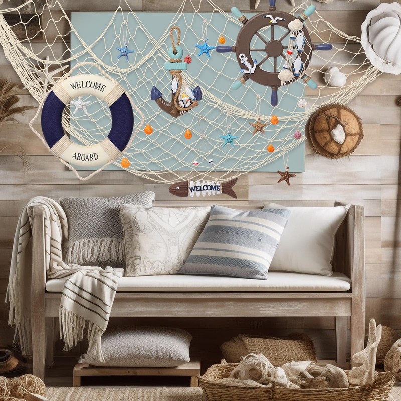 Marsui 11 Pcs Wooden Nautical Wall Decor Fishing Net Decoration,