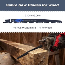JOEJONI 10-Piece Reciprocating Saw Blades Set, 230mm 5TPI Sabre Saw Blades for Wood Cutting, Reciprocating Tool Accessories Set, Compatible with Bosch Dewalt Makita and many others