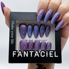FANTACIEL 10 PCS Handemade Press On Nails Cat Eye Design Acrylic Nails Reusable Almond Fake Nails Rainbow 4 Almond L