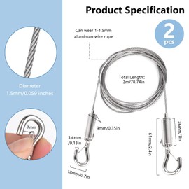 Pack of 2 Wire Rope Adjustable Steel Rope Hanging, Stainless Steel Wire Rope Suspension Steel Cable with Hooks 2 m x 1.5 mm Pictures Hanging Rope Photo Rope for Curtains Baskets Hanging Accessories