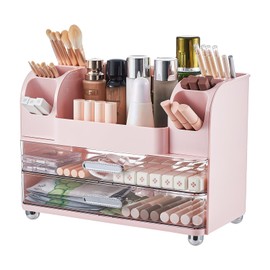 UFORU Makeup Organizer for Vanity with 2 Large Drawers, Cosmetic Display Case with Brush Holders, Easy to Storage for Bathroom Countertop Skincare, Desk Office Supplies, Pink