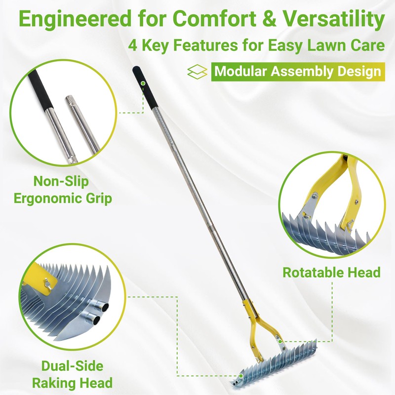 Thatch Rake for Lawn, 15 Inch Lawn Dethatcher with Dual-Edge