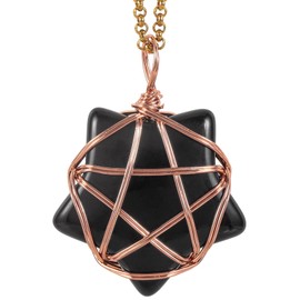 SUNYIK Black Obsidian Wire Wrapped Star Pendant Necklace for Women Men, Pentagram Star Stone Necklace for Unisext With 18-19” Chain for Unisex