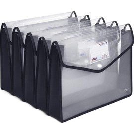 Dproptel A4 Plastic Wallets, 5 Pack Popper Wallet Plastic Document Folder Premium Pockets Files Envelope for School Office Home, with Snap Closure and Card Slot - Black