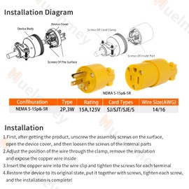Muelnmey Extension Cord Ends Male and Female Electrical Replacement Plug & Connector NEMA 5-15P & 5-15R 15A 125V Yellow Shell 2Pole 3Wire Straight Blade Plug Grounding Type.5 Set