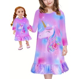 Bow Dream Toddler Girls Cartoon Dress and Matching American Girl Doll Clothes for Girls Long Sleeve Blue Lavender Size 140