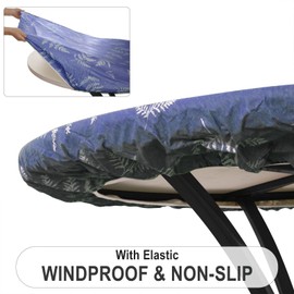 Subakvo Round Vinyl Fitted Tablecloth, Waterproof Elastic Table Covers Wipeable Flannel Backed Tablecloths for Picnic Camping Indoor and Outdoor (Leaf,Prussian Blue, 27”-32“ Round Tight Fit)