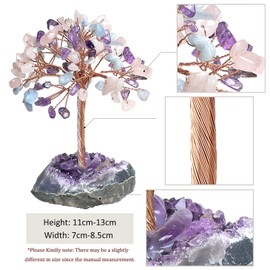 SUNYIK Natural Amethyst & Rose Quartz & Aquamarine Crystal Tree on Amethyst Crystal Cluster Base Wire Wrapped Chip Stones Bonsai Money Tree Home Office Decor for Good Luck Wealth