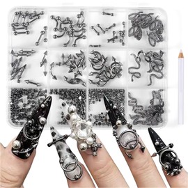 XEAOHESY 1 Box Metalpunk Style Nail Charms and Gems Gunmetal Black Nail Studs Cone Spike Nail Rivets Retro Gothic Nail Charms Snake Nail Charms for Nail Art With Pickup Pen