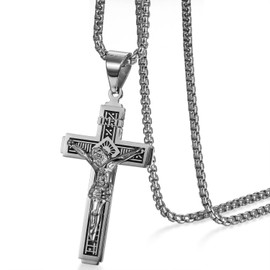 Cupimatch Catholic Jesus Christ on INRI Cross Crucifix Prayer stainless steel Pendant Necklace 22 Inch Chain,Silver