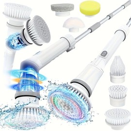 IAGREEA shower scrubber with 6 Replaceable Brush Heads, IPX6 Waterproof Cordless Power Cleaning Brush with Adjustable Extension Handle, 45°rotating brush shaft, and 2-speed Shower cleaner for cleaning