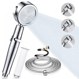 Shower Head Set, 3 Modes Handheld Filter Shower Heads with Stainless Steel Hose 2M Powerful Shower Heads Less Water Up to 40%, Bathroom Accessory for Low Water Pressure