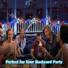 L LAMPOP 4th of July Decorations C7 Bulb Solar String Lights Outdoor Waterproof 50 LED Red White Blue Solar Lights for Independence Day President Memorial Day Christmas Party Patriotic Decorations