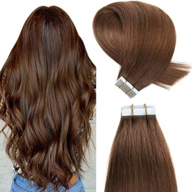 YILITE Tape-In Real Hair Extensions, Medium Brown, 60 cm, 20 Pieces/Pack, 50 g, Tape-In Extensions, Real Hair, Invisible Silky Straight, Skin Weft Tape Ins, Natural Extensions (60 cm, #4 Medium Brown)