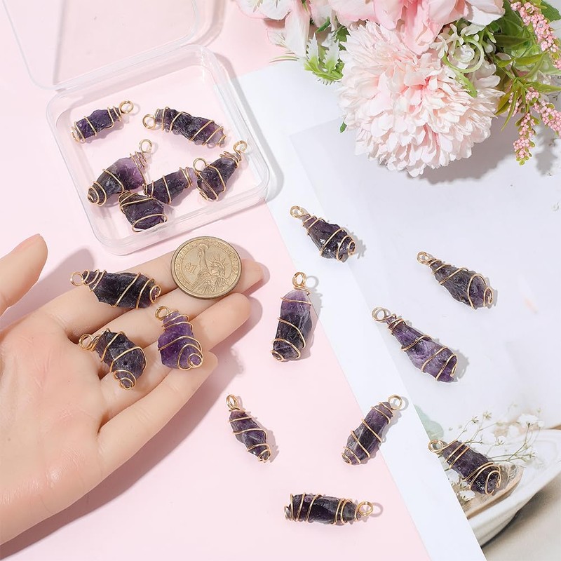 BEAMARKER 20Pcs Natural Amethyst Pendant Bulk Irregular Amethyst Charms 18K