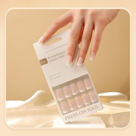 SHANRUN Press on Nails Short Square Light Pink Fake Nails Press ons French Nail Tip Full Cover False Nails with White French Design Glue on Nails Kit Acrylic Set for Women Reusable | 15 Sizes - 30 Pcs