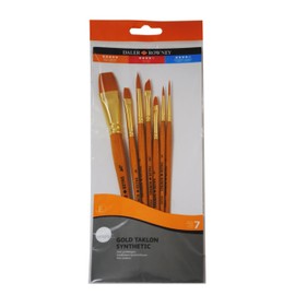 Daler-Rowney Simply Gold Taklon Synthetic Hair Acrylic Brush Set with Short Handles, 7 Assorted Brushes, Ideal for Entry-Level Artists & Hobbyists