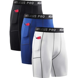 NELEUS Men's Compression Shorts 3 Pack Dry Fit Running Shorts,6081,Black/Blue/White,3XL
