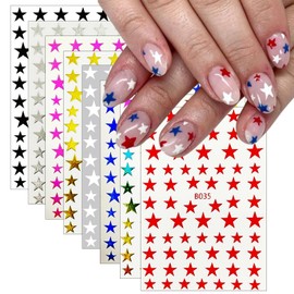 8 Sheets Glitter Stars Nail Art Stickers 3D Self Adhesive Shiny Glitters Starlight Nail Decals Holographic Black White Gold and Silver Pentagram Design Decal for Woman DIY Manicure Decoration
