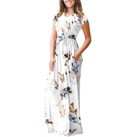 MISFAY Women Short Sleeve Loose Plain Maxi Dresses Casual Long Dresses Pockets(Floral White,2XL)