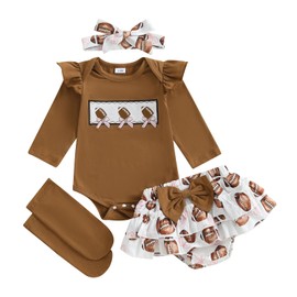 Saliuentm Newborn Baby Girl Football Outfit Rugby Print Long Sleeve Romper Bloomers Shorts Socks Headband Fall Clothes 4Pcs (Brown, 6-12 Months)