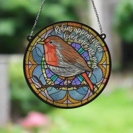 Image Industry Robins Appear Stained Glass Effect Suncatcher - Garden Gift - Robin Gift - Memorial Gift (13cm)