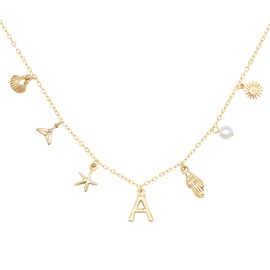 Beljeley Gold Charm A Initial Necklaces for Women Trendy, 14K Gold Plated Starfish Seashell Sun Necklace Beach Non-tarnish 2024 Summer Boho Shell Pendant Choker Necklace Statement Jewelry for Women
