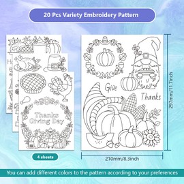 GLOBLELAND 4 Sheets Thanksgiving Turkey Water Soluble Hand Sewing Stabilizers for Fabric Stitch Practice Autumn Pumpkin Embroidery Stickers Wash Away Stabilizers for Embroidery Beginners Lovers