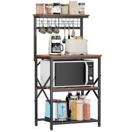 Furologee Kitchen Bakers Rack with Hutch, Coffee Bar Station 4 Tiers, Microwave Oven Stand with 6 S Hooks and Pegboard, Kitchen Microwave Rack for Spice Organizer Workstation, Rustic Brown