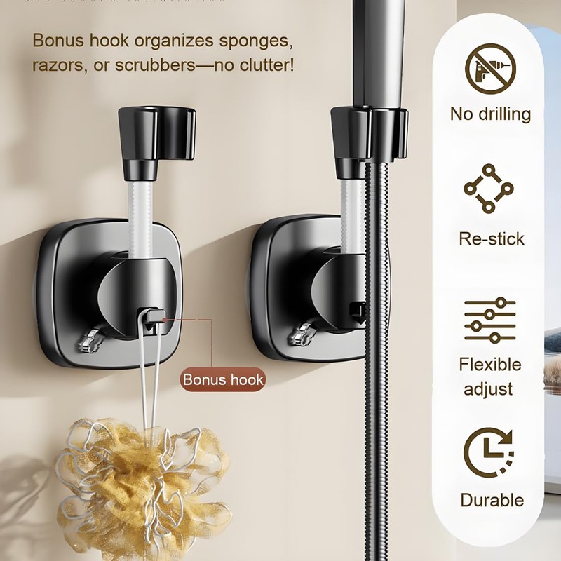 Suction Cup Shower Head Holder - Angle Adjustable Spring Arm,