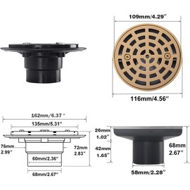 RANDOM Round Shower Drain SUS304 Stainless Steel Champagne Bronze Shower Drain 4 inch with Adjustable PVC Base Flange,Shower Floor Drain with Removable Cover Grid Grate