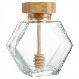 1Pcs 7.74 oz/ 220 ml Glass Honey Jars with Dipper Hexagonal Clear Glass Dispenser Small Honey Containers Bottle with Wooden Dipper and Cork Lid for Home Storage Kitchen