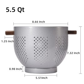 Metal Colander with Wood Handle and Stable Base, Powder Coated Steel Kitchen Strainer Basket for Draining Pasta, Vegetable and fruit(5.5quart,Greyhammertone)