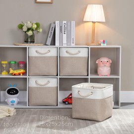 Mangata Fabric Storage Box, Storage Basket, Light Khaki, White, Baskets Fabric in Cubes (25 x 25 x 25 cm) for Cupboard, Shelf, and Clothes, Foldable, Pack of 3