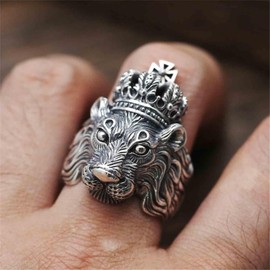 Aneneiceera Vintage Lion Head Rings Silver Metal Lion Rings Thick Heavy Lion Rings Punk Half Open Rings Gothic Animal Rings Hand Jewellery for Women