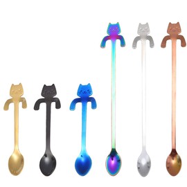 6 PCS Cat Spoon Coffee Tea spoon Set, ESRISE Stainless Steel Mini Long Cute Kitten Stirring Teaspoons for Dessert Drink Mixing Milkshake (Multi)