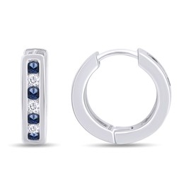 Round Cut Simulated Blue Sapphire With Cubic Zirconia Huggies Hoop Earrings In 14K White Gold Over Sterling Silver