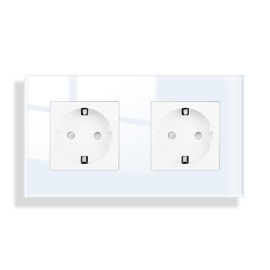 JIMEIDA Double Socket Glass in White Flush-Mounted, 2-Way Schuko Sockets Protective Contact Wall Socket 16 Amp, 250 V, 157 mm x 86 mm
