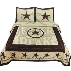 Western Collection 3 Pc Luxury Western Barb Wire Texas Lone Star Horse Shoe Pistol Gun Cabin Lodge Barbed Wire Luxury Quilt Bedspread Oversize Comforter (King, Beige Western Star)