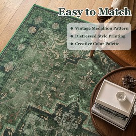 Jainmy Vintage Dark Green Area Rugs 5x7 for Living Room, Tranditional Distressed Medallion Printed Low Pile Thin Rugs for Bedroom, Non Slip Washable Carpet Rugs for Dining Room/Kitchen/Home Office