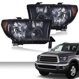 PIT66 Headlights Assembly, Compatible with 2007-2013 Toyota Tundra/08-17 Toyota Sequoia Passenger Side Headlamps Assembly Left & Right Smoke Lens Black Housing Amber Reflector