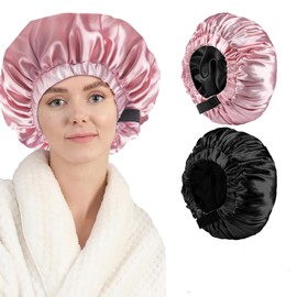 2PCS Hair Bonnets for Women,Silk Bonnet for Sleeping Curly Hair&Long Hair,All Night Silk Sleep Bonnets for Women,Satin Hair Wrap with Invisible Adjustment Buckle,Soft,Elastic,with 2 Hair Tie