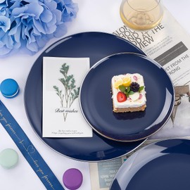 KIRE 200PCS Blue Plastic Plates with Silver Rim - Navy Blue Plastic Plates Include 100 Dinner Plates and 100 Dessert Plates - Heavy Duty Dark Blue Disposable Plates for Parties