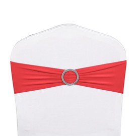 WENSINL Pack of 50 Spandex Coral Red Chair Sashes for Wedding, Stretch Chairs Bows Bands with Silver Buckles for Party Baby Shower Birthday Events Decor (Red Coral)