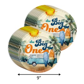 The Big One Surfing 1st Birthday Party Supplies - 64 Piece Surfer First Birthday Tableware Set Includes Large 9" Dinner Plates and 8" Dessert Paper Plates Napkins Cups - Kit for 16