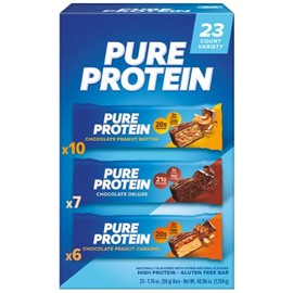Pure Protein Bars Variety Pack 10 Chocolate Peanut Butter, 7 Chocolate Deluxe, 6 Chocolate Peanut Caramel(23 ct.)
