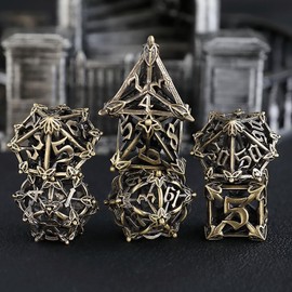 Metal DND Dice Set 7 Flower DND Dice Hollow Polyhedron Bronze Dice D20 D12 D10 D% D8 D6 D4 for Dungeons & Dragons RPG Board Games Table Games RPG MTG Games
